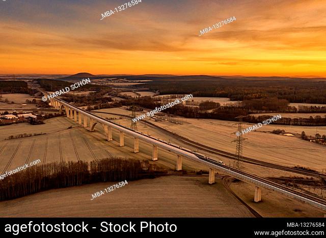 ICE, longest bridge in Thuringia (1681 m long, 48 m high), high-voltage pylons, power line, morning mood, aerial view