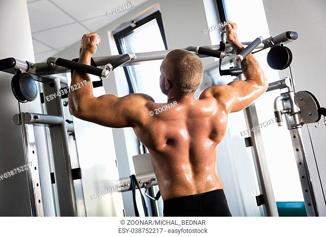 Muscular strong man working out at a gym