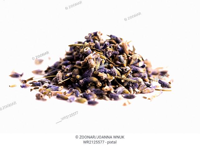 Lavender Herb Bud Flower tea Heap pile surface top view isolated on white background