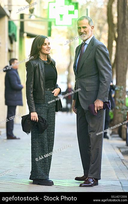 King Felipe VI of Spain, Queen Letizia of Spain leaves Pa-Bu restaurant after lunch for Princess Elena 60 Birthday on December 20, 2023 in Madrid, Spain