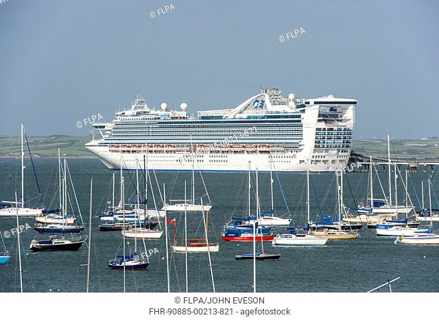 'Caribbean Princess' cruise ship at harbour, with yachts in foreground, Holyhead, Holy Island, Anglesey, Wales, August