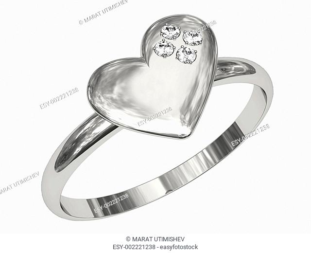 Platinum or silver ring in the shape of heart with diamonds