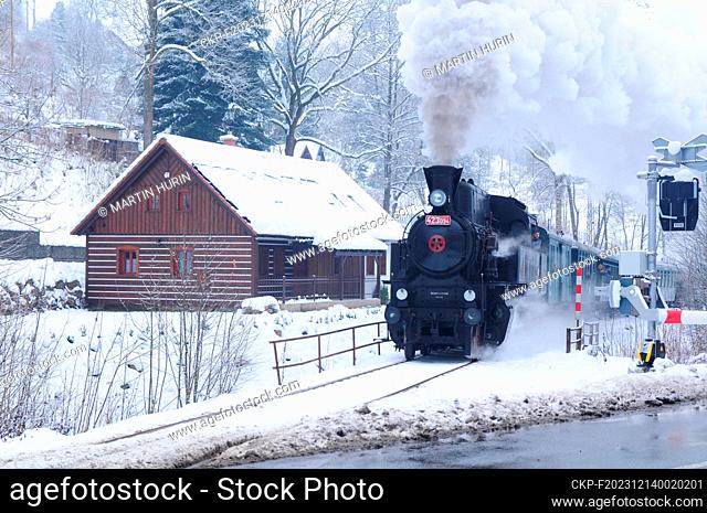 St. Nicholas, devils and angels ride by steam locomotive 423.094 in Jilemnice, Czech Republic, December 9, 2023. (CTK Photo/Martin Hurin)