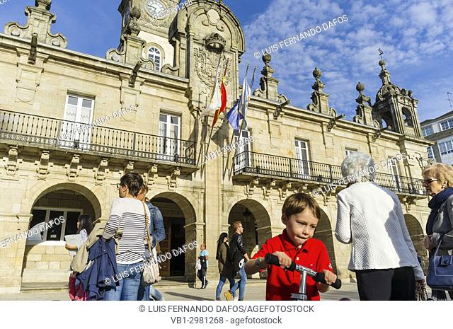 People by the Baroque 18th c. Town Hall building at Praza Maior square in Lugo, Galicia, Spain, Europe
