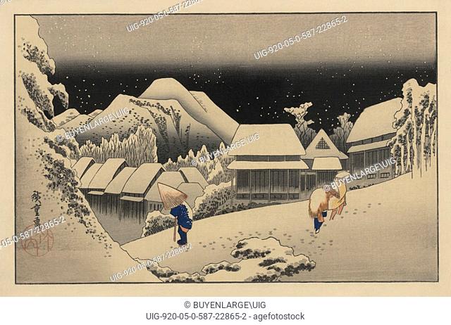Print shows travelers walking in the snow at night at the Kanbara station on the Tokaido Road. From the series, Gojusantsugi meisho zue : Views of famous places...