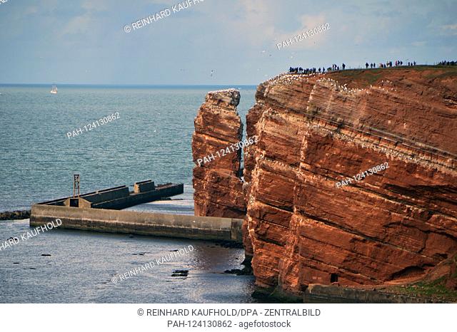 View of the ocher-red rocky coast (Buntsandstein) and the freestanding ""Long Anna"" rock needle in the west of the North Sea island of Helgoland - breaming and...