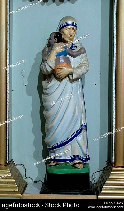 Saint Teresa of Calcutta statue at the Catholic cathedral of Immaculate Heart of Mary and St. Teresa of Calcutta in Baruipur, West Bengal, India