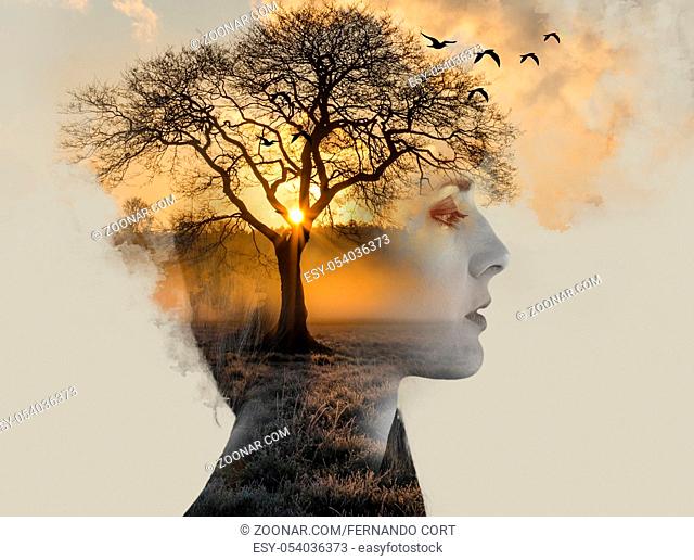 double exposure, beautiful woman with tan fused with a sunset and a lonely tree, loneliness concept