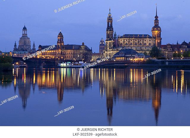 City view with Elbe River, Augustus Bridge, Frauenkirche, Church of our Lady, Staendehaus, town hall tower, Hofkirche and Hausmannsturm, tower of Dresden Castle