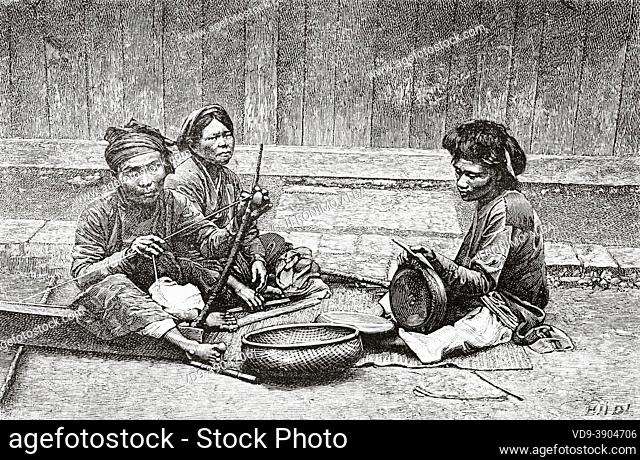 Blind musicians playing music on the street, Hanoi, Vietnam. Asia. Old 19th century engraved illustration A campaign in Tonkin by Charles Edouard Hocquard from...