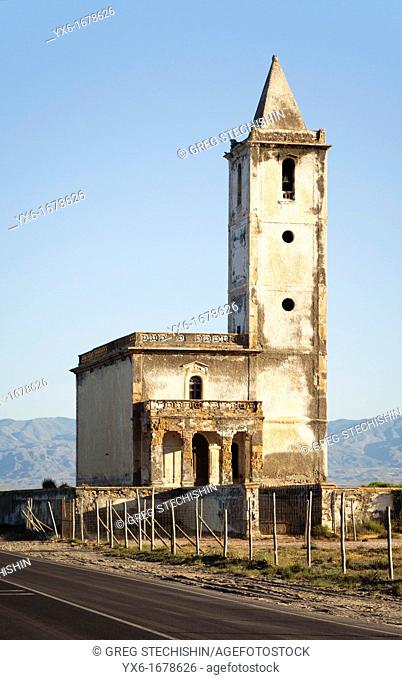A landmark in the area, the Las Salinas Church is located in the town of Cabo de Gata near the Cabo de Gata-Ni­jar Natural Park in Almeria, Andalucia, Spain
