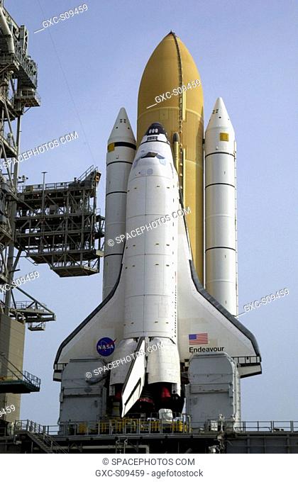 04/29/2002 -- Space Shuttle Endeavour rests on Launch Pad 39A after rollout from the Vehicle Assembly Building. The Shuttle comprises the orbiter, in front