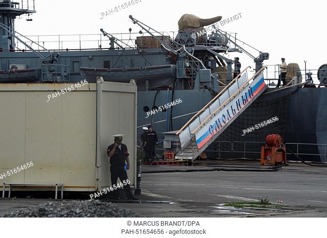 A Russian warship docks in a shipyard in the port town of Saint Nazaire,  France, 8 August 2014. The French government announced that it would not deliver the...