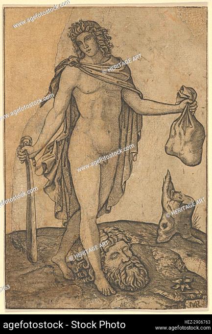 David standing, sword in lowered right hand, sack in the left, the head of Goliath on .., ca. 1506. Creator: Marcantonio Raimondi