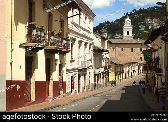 View to the colonial buildings with balconies at the historic center, Quito, Ecuador, South America