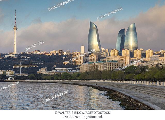 Azerbaijan, Baku, city skyline with Baku Television Tower and Flame Towers form Baku Bay, dawn