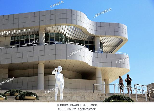 Art works decorated main staircases with Exhibitions Pavilion in the background. Getty Center. Los Angeles. California. USA