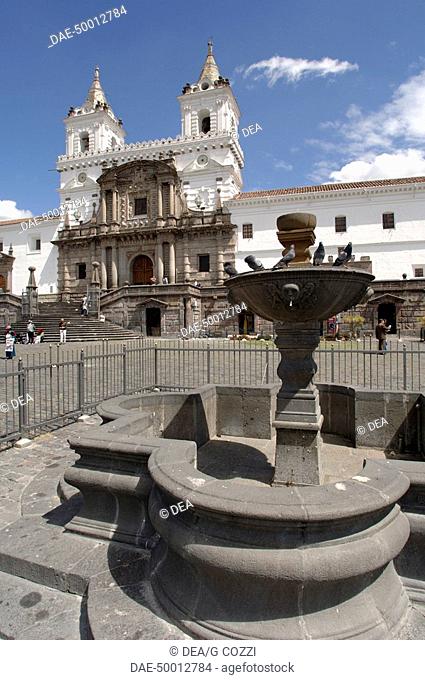 Ecuador - Pichincha Province - Quito. UNESCO World Heritage List, 1978. Historic Quito square Plaza San Francisco. Fountain and church of San Francisco