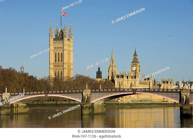 The Houses of Parliament and Lambeth Bridge, River Thames, London, England, United Kingdom, Europe