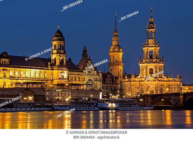 Elbe River and the historic town centre at night, Dresden, Saxony, Germany