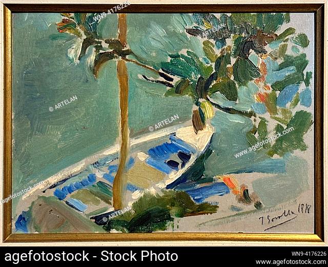 Boat tied to a post among branches, 1918, Joaquín Sorolla (1863-1923). This image by Joaquín Sorolla perfectly captures the relaxed atmosphere of a summer...