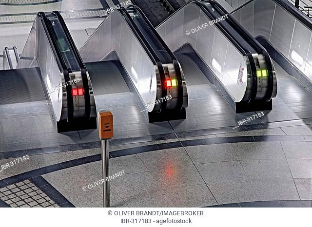 Subway station, moving stairways, night shot, Germany, North Rhine-Westphalia, Dortmund, Westfalenhallen