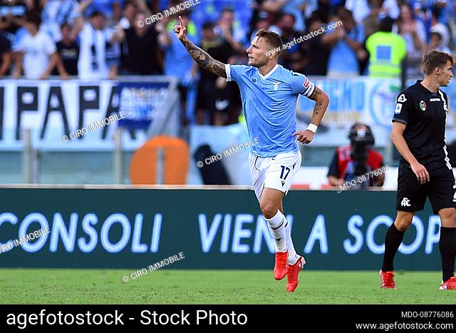 The player of Lazio Ciro Immobile celebrating after score the goal during the match Lazio-Spezia at Olympic Stadium. Rome (Italy), August 28th, 2021