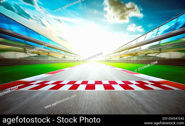 View of the infinity empty asphalt international race track with starting or end line, Motion blurred effect