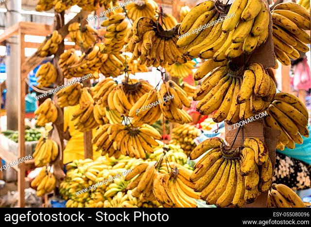 Fruit stall of banana on the weekly farmers market in the capital of the Toba Batak on Samosir Island, Pangururan, within Lake Toba in the northern part of...