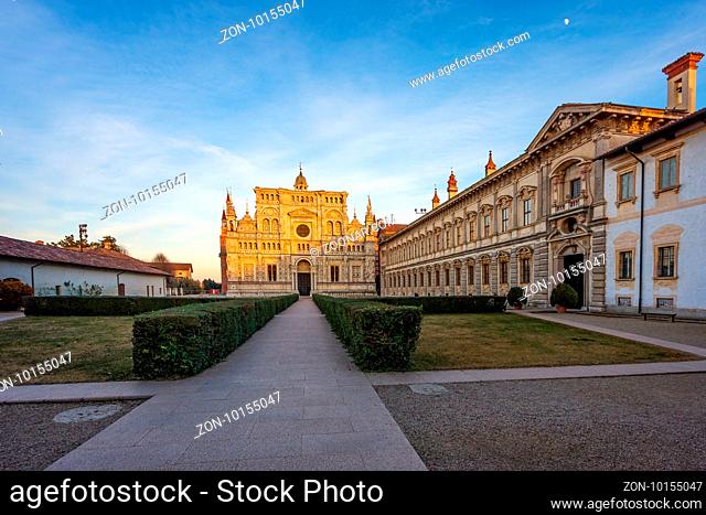 View of the cathedral of Certosa di Pavia Carthusian monastery at sunset