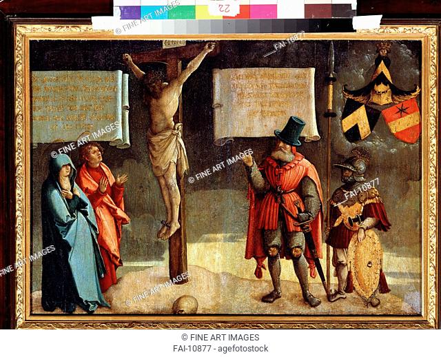 Crucifixion with Donors. Master of Messkirch (ca. 1500-1543). Oil on wood. Renaissance. State A. Pushkin Museum of Fine Arts, Moscow. 42x59. Painting