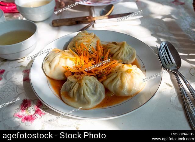 Traditional Central Asian food called Manti, here in Kyrgyzstan