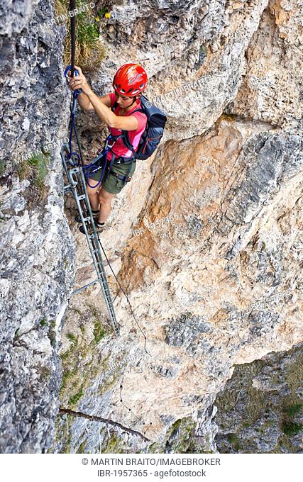 Mountain climber climbing the Stevia climbing route in Vallunga Valley in Val Gardena, Dolomites, Alto Adige, Italy, Europe