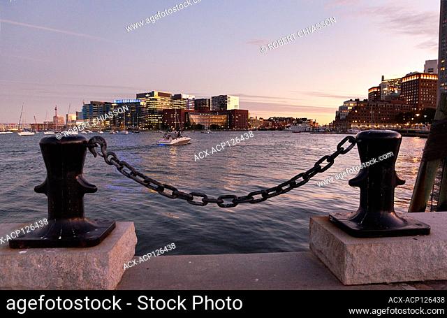 Photo taken from the Long Wharf of the Boston Harbor at dusk, Boston, Massachusetts, USA