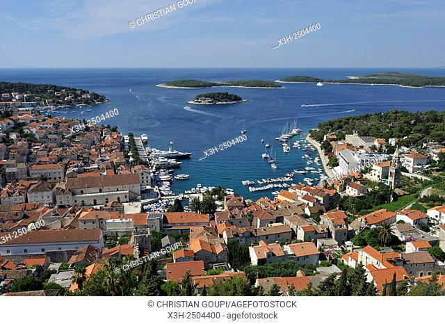 overview of Hvar city from the fortress with Hell's Islands Pakleni in the background, Hvar island, Croatia, Southeast Europe