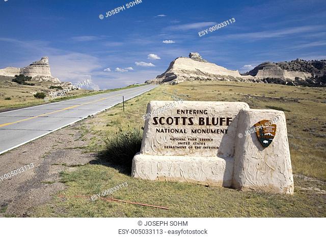 Welcome sign for Scotts Bluff National Monument, a site on the Oregon Trail, Scottsbluff, Nebraska