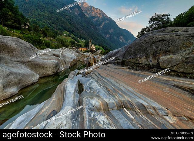 Switzerland, Ticino, place Lavertezzo with church, colorful stones in the Verzasca valley