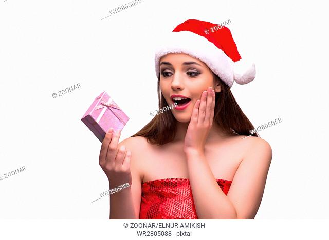 Santa girl with giftbox isolated on white