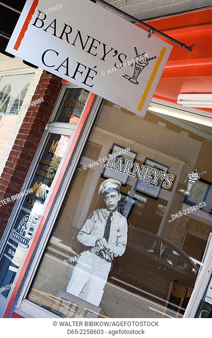 USA, North Carolina, Mt. Airy, town was the model for Mayberry in the TV series Andy of Mayberry, sign for Barney's Cafe with poster of actor Don Knotts as...