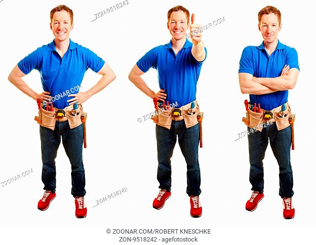 Lächelnder Mann als Heimwerker in drei verschiedenen Posen