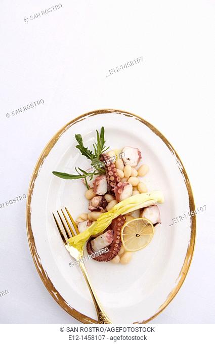 Octopus salad with coconut and arugula, 3 stars Michelin guide Restaurant Le Louis XV by chef Franck Cerutti, Hotel de Paris, Monte Carlo, Monaco