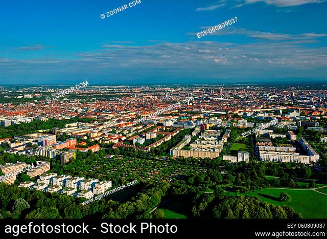 Aerial view of Munich center from Olympiaturm (Olympic Tower). Munich, Bavaria, Germany