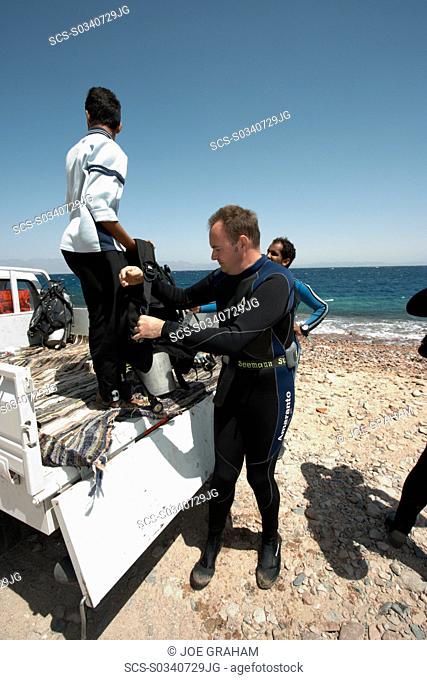 Divers preparing for a dive at Ras Abu Galum South Sinai Egypt