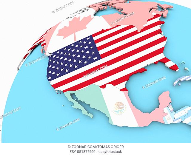 Map of USA on political globe with embedded flag. 3D illustration