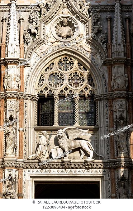 Venice (Italy). Detail of the facade of the Doge's Palace in the city of Venice