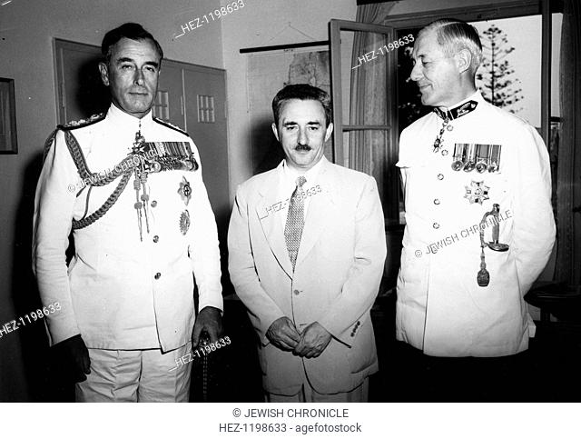 Lord Mountbatten (1900-1979), Viceroy of India, 1952. With Sir Francis Evans (British Minister) and Moshe Sharett (1894-1965)
