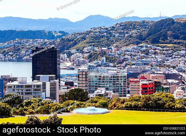 View over Wellington skyline and harbour from near Carter Observatory and Cable Car in Wellington, New Zealand