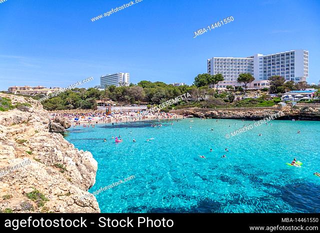 Spain, Balearic islands, Mallorca, municipality of Manacor, Cales de Mallorca, beach of Cala Domingos Gran, aerial view
