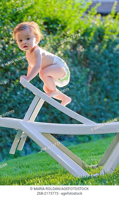 Baby, 10 Months, Climbing, Nimble, Risk, Garden, Summer, Sunlight, Nappy, Grass, Hedge, Deck Chair
