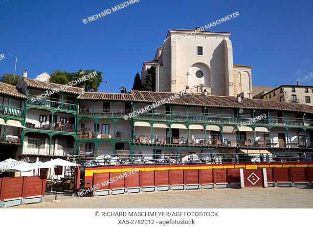 Plaza Mayor with Converted Bullring, Balconies, Church of Asuncion (background), Chinchon, Spain